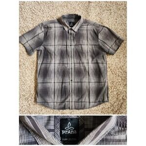 prAna Gray Plaid Men Sz XL Short Sleeve Button‎ Up